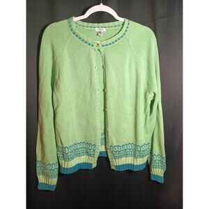 IZOD Women’s XL Green Knit Cardigan Blue Trim Lightweight Spring Casual Sweater
